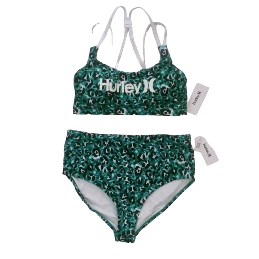 HP🎉 Hurley green, black and white animal print two piece bathing suit NWT - Picture 5 of 16